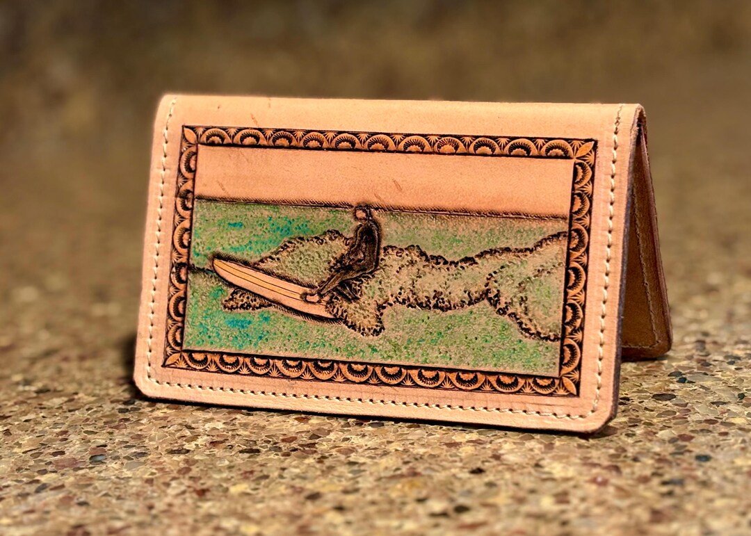 Hand Tooled Leather Roper Wallet: Longboard Surfer Art - Etsy
