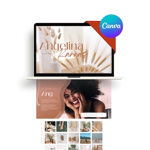 Puede incluir: Una pantalla de computadora portátil que muestra un sitio web con el texto "Angelina Karns" y una foto de hierba seca. El sitio web también incluye una foto de una mujer sonriendo y el texto "Welcome I'm Ang".