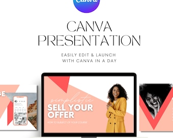 May include: A laptop screen displaying a Canva presentation with the text "CANVA PRESENTATION EASILY EDIT & LAUNCH WITH CANVA IN A DAY". The presentation slide shows a woman in a yellow jacket with the text "simplistic SELL YOUR OFFER HOW TO SUBJECT OF YOUR COURSE".