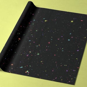 Papel de regalo para el estudio extragaláctico profundo avanzado JWST, edición Confetti, papel de regalo STEM oscuro/espacial, estrellas, galaxia, geek, varios tamaños