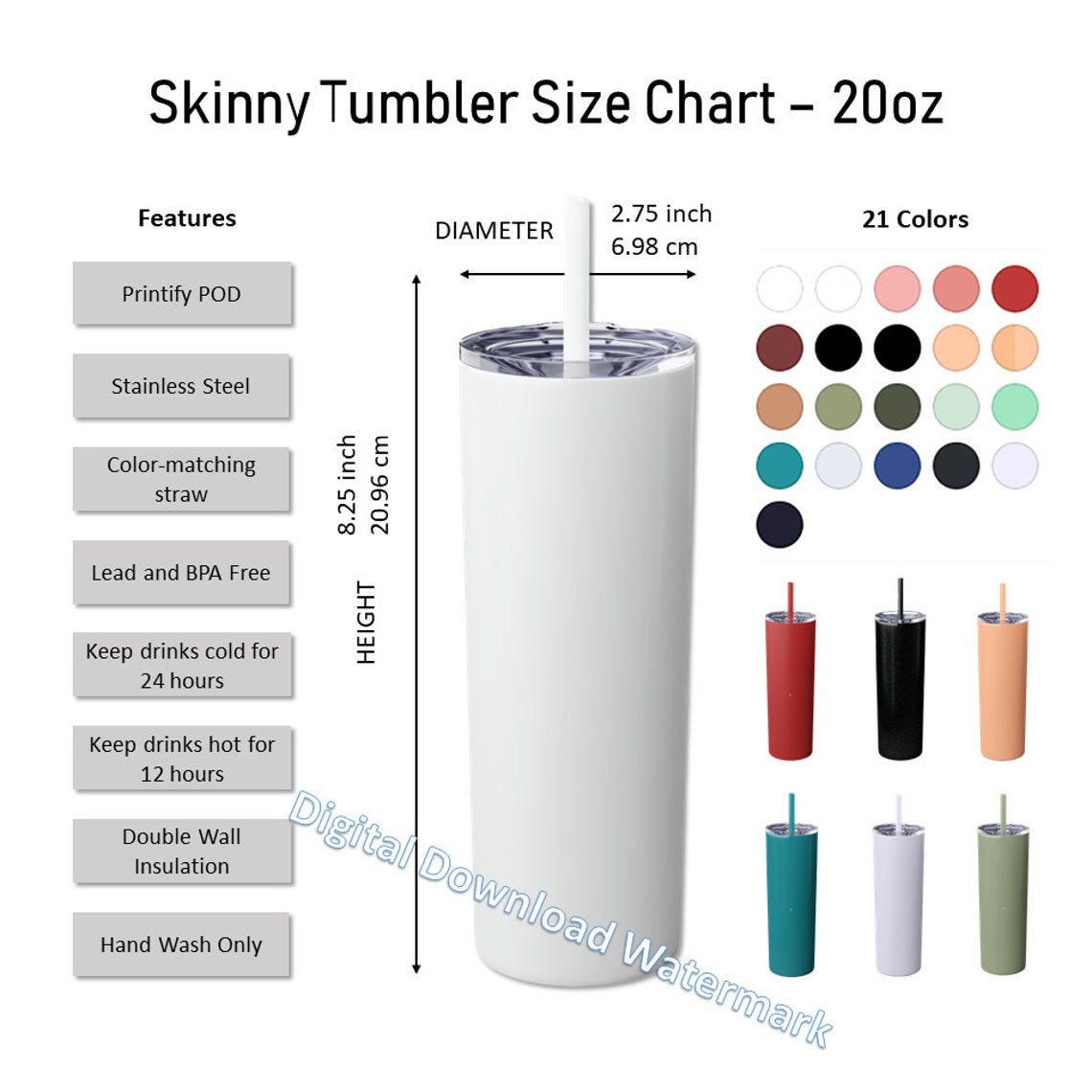 Skinny Tumbler Size Chart Bundle 20oz Tumbler Size Charts 2 Styles 2