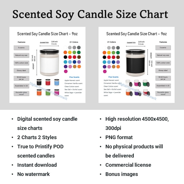 Scented Soy Candle Size Chart 9oz Candle Size Charts 5 scents candles 2 Styles candle size chart bundle  Gift True to Printify POD Candles