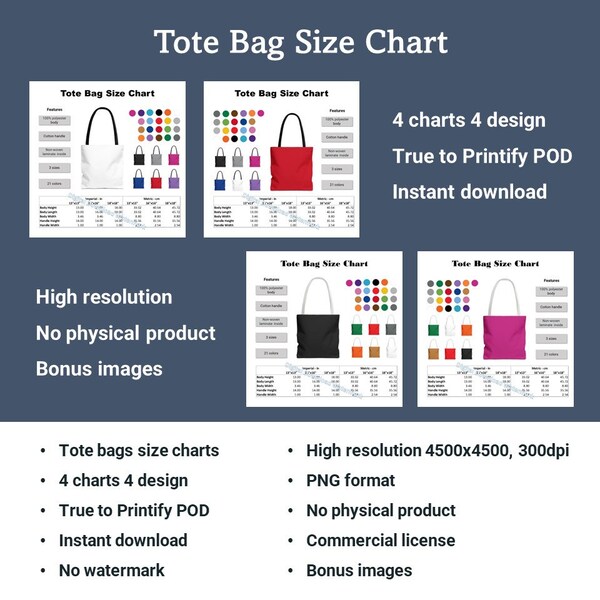 Tote Bag Size Chart Tote Bag Size Charts Fashion Accessories 4 designs 4 Chart bundle Holiday Gift True to Printify POD Tote Bag Size Charts