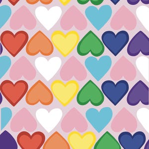 Peut inclure: Motif r&eacute;p&eacute;t&eacute; de coeurs color&eacute;s dans un arc-en-ciel de couleurs, dont le rouge, l'orange, le jaune, le vert, le bleu et le violet, sur un fond rose clair. Les coeurs sont espac&eacute;s de mani&egrave;re uniforme et cr&eacute;ent un design joyeux.