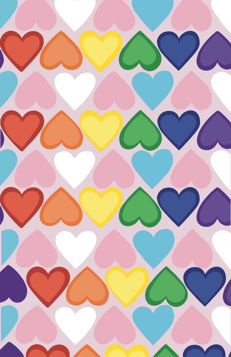 Peut inclure: Motif r&eacute;p&eacute;t&eacute; de coeurs color&eacute;s dans un arc-en-ciel de couleurs, dont le rouge, l'orange, le jaune, le vert, le bleu et le violet, sur un fond rose clair. Les coeurs sont espac&eacute;s de mani&egrave;re uniforme et cr&eacute;ent un design joyeux.