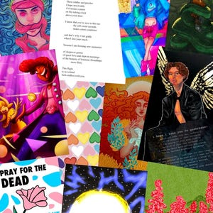 Peut inclure: Un collage d'illustrations et de texte color&eacute;s. L'&oelig;uvre comprend des portraits, des motifs floraux et du texte qui dit "Slumber Party" et "Pray for the Dead". Le style varie, certaines pi&egrave;ces pr&eacute;sentant des couleurs vives et d'autres des tons plus doux.