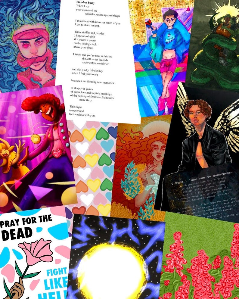 Peut inclure: Un collage d'illustrations et de texte color&eacute;s. L'&oelig;uvre comprend des portraits, des motifs floraux et du texte qui dit "Slumber Party" et "Pray for the Dead". Le style varie, certaines pi&egrave;ces pr&eacute;sentant des couleurs vives et d'autres des tons plus doux.