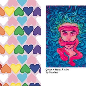 Peut inclure: Un motif de c&oelig;urs aux couleurs de l'arc-en-ciel sur un fond rose clair. &Agrave; c&ocirc;t&eacute;, une illustration d'une personne aux cheveux bleus, avec un bandeau rose et un serpent rose autour du visage. Le texte indique "Queer + Holy: Redux By Peaches."