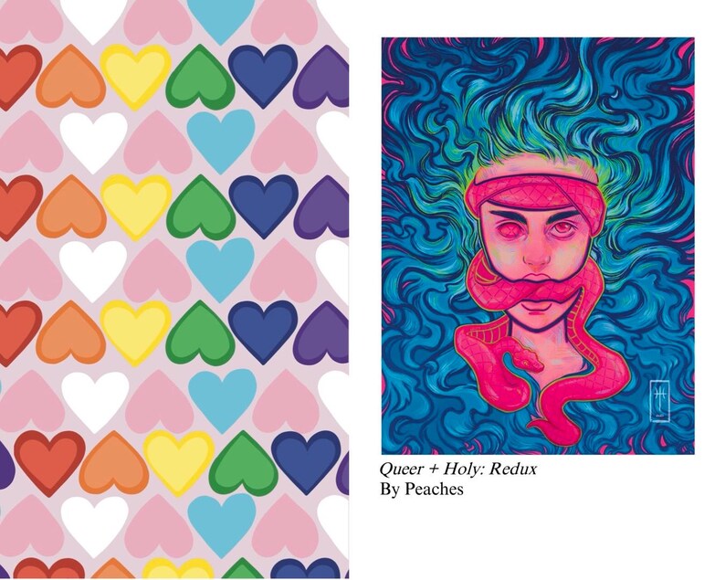 Peut inclure: Un motif de c&oelig;urs aux couleurs de l'arc-en-ciel sur un fond rose clair. &Agrave; c&ocirc;t&eacute;, une illustration d'une personne aux cheveux bleus, avec un bandeau rose et un serpent rose autour du visage. Le texte indique "Queer + Holy: Redux By Peaches."