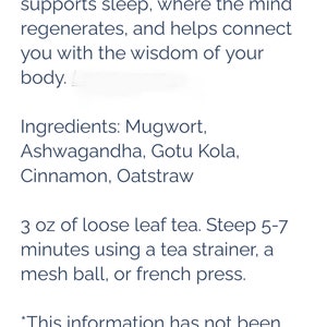 Puede incluir: Texto sobre fondo blanco que describe una mezcla de t&eacute; para dormir y capacidades visionarias. Ingredientes: Mugwort, Ashwagandha, Gotu Kola, Canela y Oatstraw. Instrucciones: infundir 85g de t&eacute; durante 5-7 minutos.
