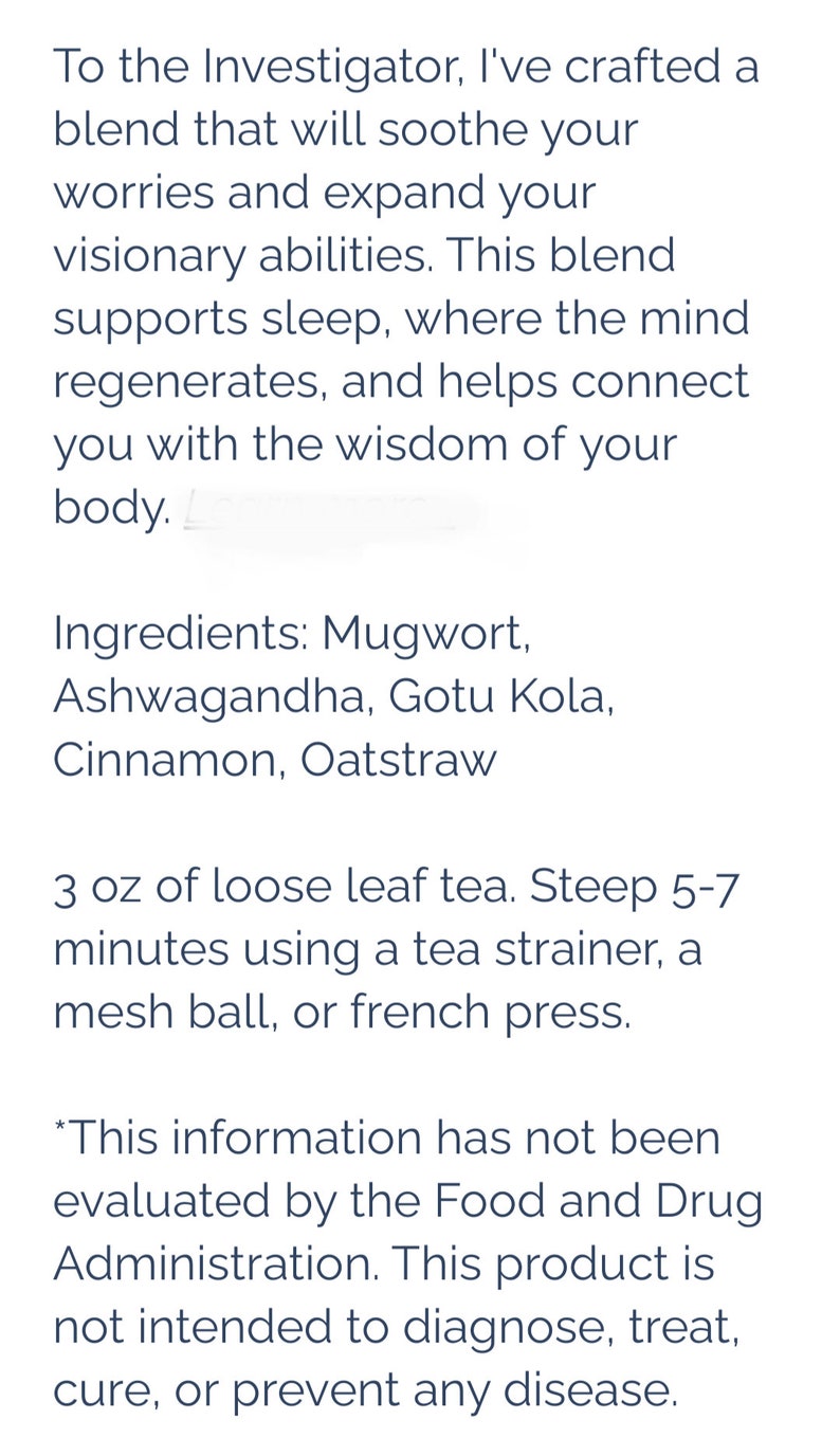 Puede incluir: Texto sobre fondo blanco que describe una mezcla de t&eacute; para dormir y capacidades visionarias. Ingredientes: Mugwort, Ashwagandha, Gotu Kola, Canela y Oatstraw. Instrucciones: infundir 85g de t&eacute; durante 5-7 minutos.