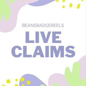 May include: A white rectangular graphic with the text BEANSBADGEREELS and LIVE CLAIMS in purple. The design features abstract organic shapes in light green and lavender, accented by small yellow dots in the top right and bottom left corners.