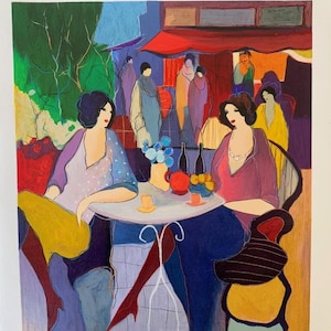 May include: An abstract painting depicts two women seated at a cafe table. The artwork features vibrant colors, including blues, reds, yellows, and purples. Bottles, a teapot, and cups are on the table. Figures are in the background, and the style is reminiscent of impressionism.