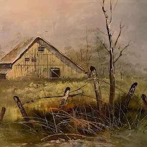Original Oil Painting: Old Barn Rustic Scene, Vintage Canvas, Farm Life Decor