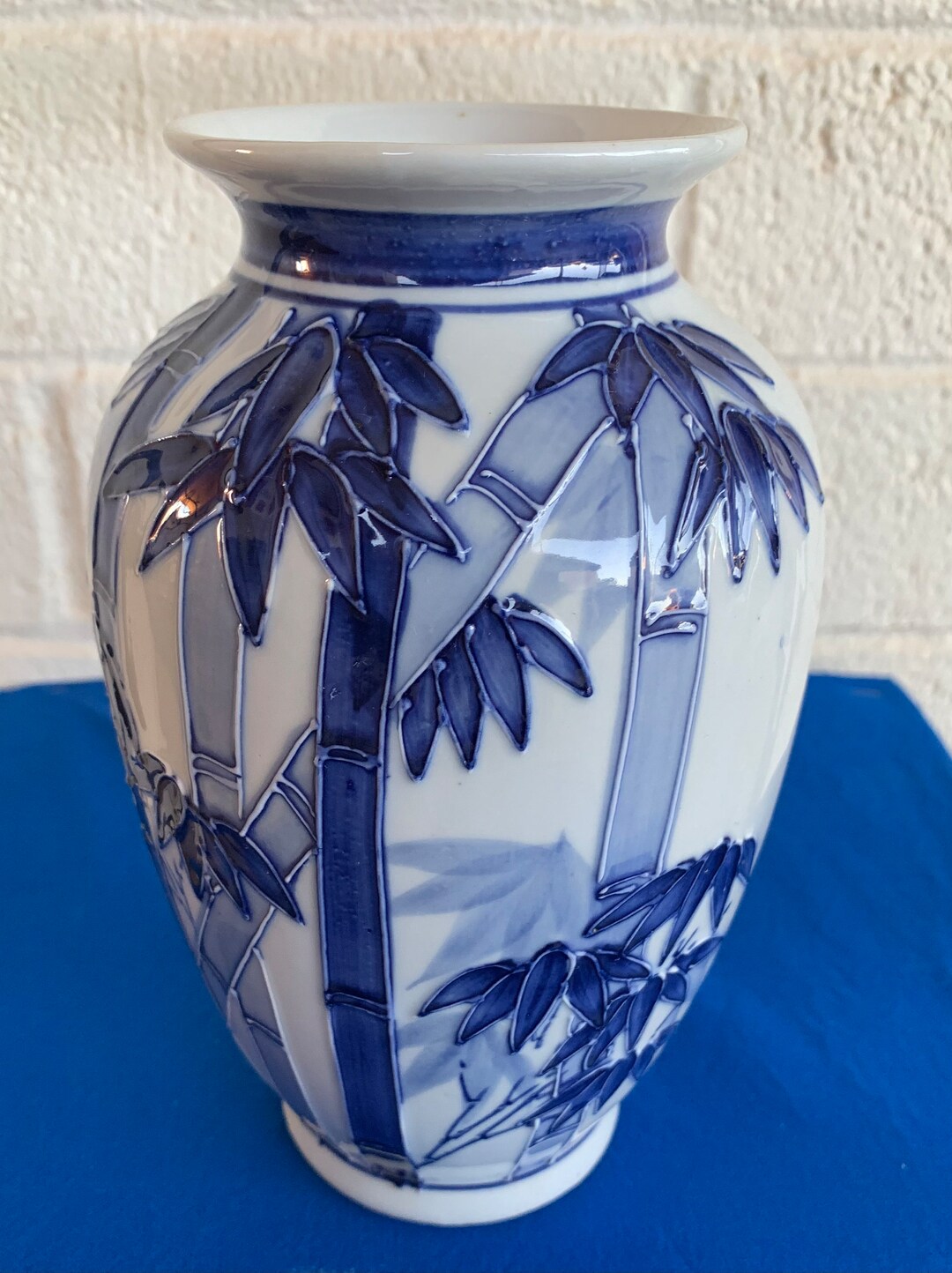 Japanese Blue and White Vase Bamboo Moriage Design Etsy