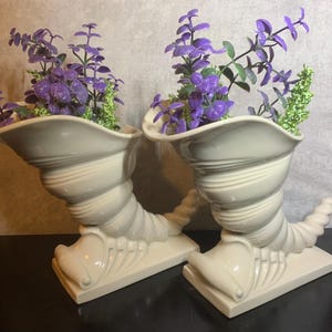 MCM Art Deco Cornucopia Pair—Freeman Porcelain Horns of Plenty Vase Set