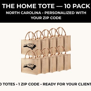 May include: A ten-pack of tan jute tote bags with two handles each. The bags feature a black graphic of the state of North Carolina with the text "Home 27614". The image includes the text "THE HOME TOTE - 10 PACK" and "10 TOTES - 1 ZIP CODE".