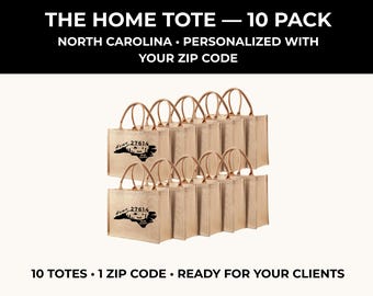 10-Pack Personalized NC Tote Bags | Custom ZIP Code Realtor Gifts (Burlap)