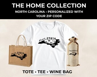 Personalized NC Home Collection | ZIP Code Tote, Tee, Wine Bag Set