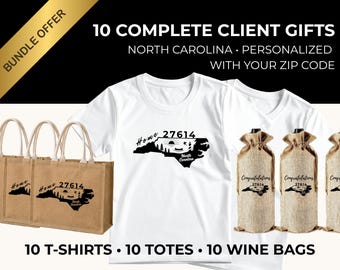 10 Personalized NC Realtor Client Gift Sets | Zip Code T-Shirts, Totes, Wine Bags
