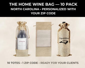 Personalized NC Wine Bag | Custom ZIP Code Realtor Closing Gift (Jute Burlap)