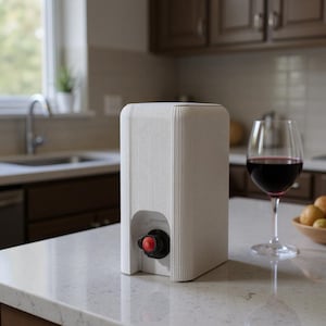 May include: A white wine dispenser with a textured surface and a black and red spigot. A glass of red wine sits next to the dispenser on a countertop in a kitchen setting.