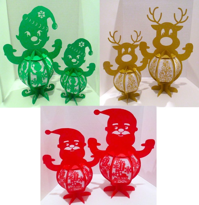 May include: A collection of Christmas decorations featuring paper cutouts of elves, reindeer, and Santa Claus. The elves are green, the reindeer are gold, and the Santa figures are red. Each figure has a decorative globe-shaped body with a snowflake or gift design.