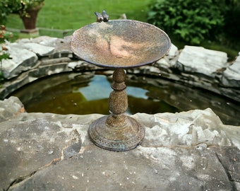 Vintage Iron Candlestick Bird Bath, Rustic Iron Bird Bath, Iron Bird Feeder, Iron Garden Ornament, Aged Iron Decor, Garden Gift For Mum