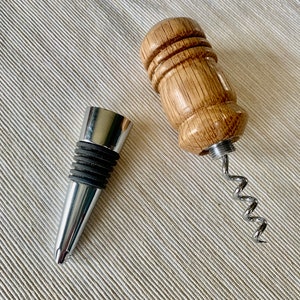 Oak Hardwood Hand Turned Bottle Stopper and Cork Screw