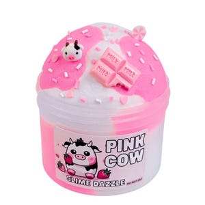 May include: A pot of pink and white slime, featuring a cow graphic and the text "Pink Cow Slime Dazzle." The slime is adorned with pink sprinkles, a cow figurine, and pink chocolate bar shapes. A pink and white swirl design tops the slime.
