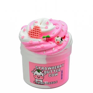 Strawberry Butter Cow Slime White & Pink Butter Snow Slime with Strawberry Patch  Vanilla Scent, Strawberry Cow Charms  Beginner Friendly