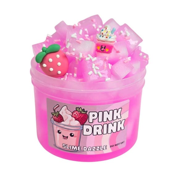 Pink Drink Jelly Cube Slime – Champagne Toast Scented Slime with Strawberry Charms & Sprinkles – Crunchy Textured Aesthetic Pink Slime
