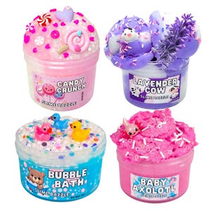El set de slime más vendido: Slimes texturizados, nube, bingsu, floam, nieve efervescente, vaca lavanda, caramelo crujiente, baño de burbujas, ajolote, pelusa ASMR (paquete de 4)