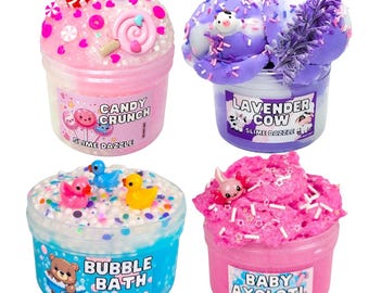 Best Selling Slime Set Textured Slimes Cloud, Bingsu, Floam, Snow Fizz Lavender Cow, Candy Crunch, Bubble Bath, Axolotl Fluff ASMR 4 Pack
