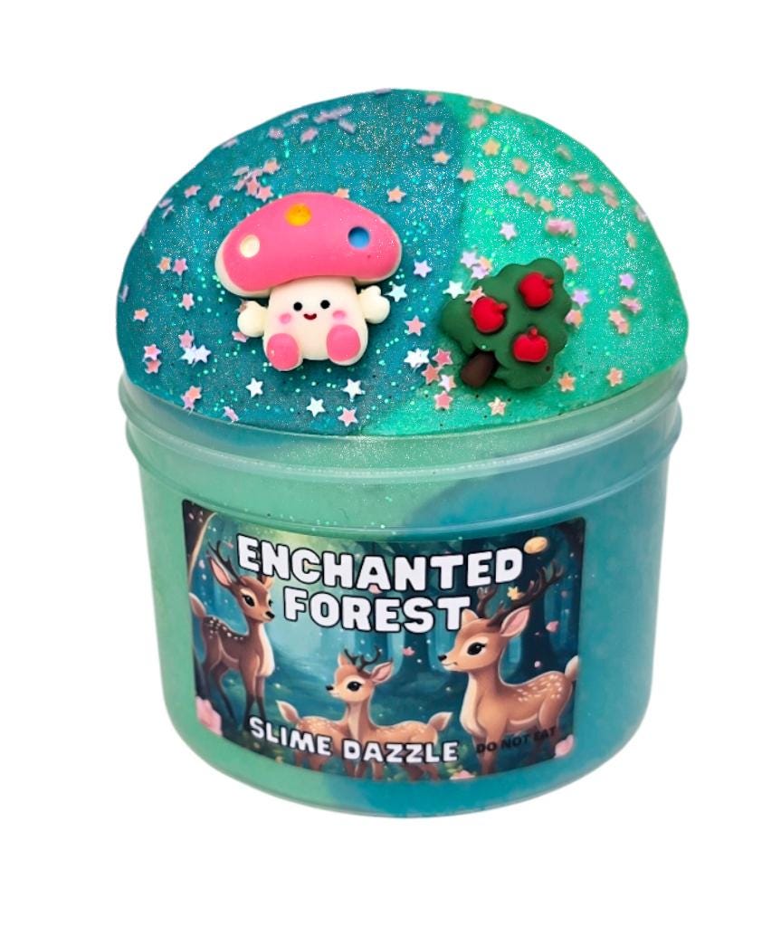 Enchanted Forest Cloud Slime Green Teal Layered Slime with Forest Pine Scent, Mushroom Tree Charms Non-Sticky Drizzly Beginner Slime