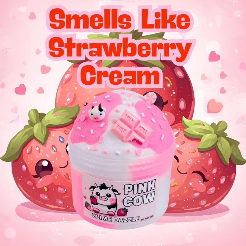 Pink Cow Cloud Slime – Pink Sugar Scented, Cow & Heart Charms image 3