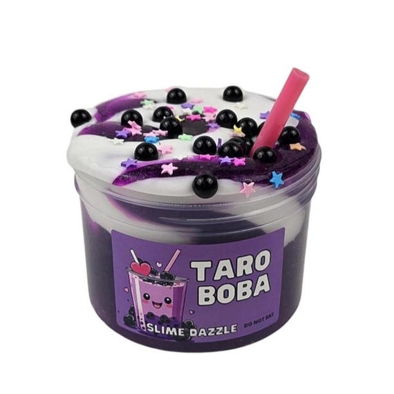 Taro Boba Slime DIY Set Purple Clear Slime White Thick Glossy Slime Duo (10oz Total) – Berry Krisp Scented with Boba Charms & Star Sprinkles