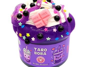 Taro Boba Slime DIY Set Purple Clear Slime White Thick Glossy Slime Duo (10oz Total) – Berry Krisp Scented with Boba Charms & Star Sprinkles