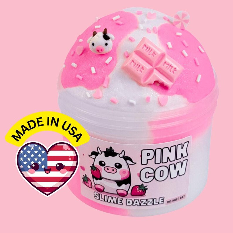 Pink Cow Cloud Slime – Pink Sugar Scented, Cow & Heart Charms image 2