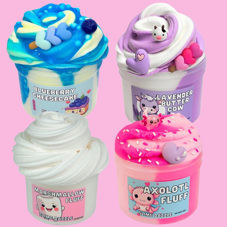 Nuevo set de slime superventas, paquete de 4 unidades de 237 ml cada uno: Nube, Mantequilla, Floam, Axolotl Fluff ASMR. imagen 1