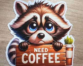 Raccoon Needs Coffee Sticker, Funny Laptop Decal