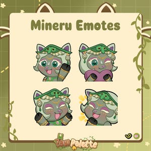 May include: A digital art graphic featuring four different emotes of a raccoon-like character. The character has a green and gold headdress, gray fur, and is making various expressions. The text "Mineru Emotes" is at the top, and the Paw Palette logo is at the bottom.