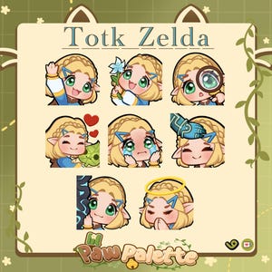 May include: A set of nine digital stickers featuring a cartoon character with blonde hair and blue eyes. The character is dressed in a blue and white dress and has different expressions, including happy, sad, and surprised. The text "Totk Zelda" is at the top of the image.