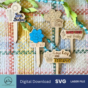 SVG Digital Plant Marker Set | Cactus & Succulent Garden Labels | Laser Cut File for Wood or Acrylic