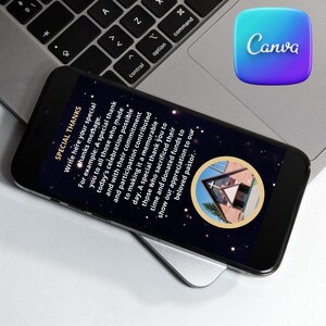 May include: A black smartphone with a dark blue background and white text that reads "SPECIAL THANKS" and "Write here your special thanks message." The text continues with an example message of thanks. The phone is on top of a silver laptop keyboard with the Canva logo in the top right corner.