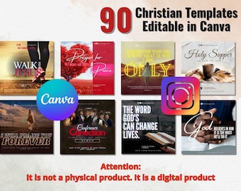 May include: A digital product featuring 90 Christian templates, editable in Canva. The image showcases various designs with religious themes, including text like "Walk with Jesus" and "Prayer for Peace." The templates are designed for Instagram.