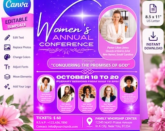 Könnte beinhalten: Eine violette Flyer-Vorlage für eine jährliche Frauenkonferenz mit dem Thema Conquering the Promises of God. Sie enthält Fotos von Rednern, die Termine vom 18. bis 20. Oktober und Platzhalter für kirchliche Details im Format 21,6 x 27,9 cm.