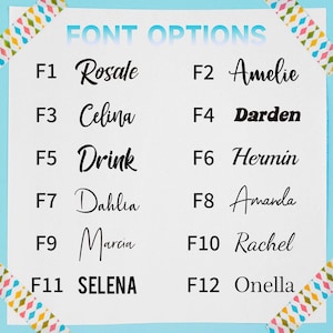 May include: A white paper with the text "FONT OPTIONS" in light blue. Below are 12 font options, each with a name and a corresponding number. The fonts vary in style, from elegant cursive to bold sans-serif.
