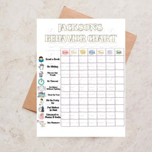 May include: A printable behavior chart for a child named Jackson. The chart has a grid with days of the week and a list of positive behaviors to track, such as reading a book, no hitting, throwing out trash, no timeout, eating dinner without fighting, cleaning up toys, sitting on the potty, putting dishes in the sink, and listening to mom and dad. The chart also includes a section for good manners.