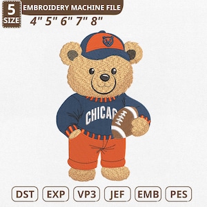 Maskinbroderifil med Chicago-teddybär, marinblå orange rugbyboll (nedladdning direkt)